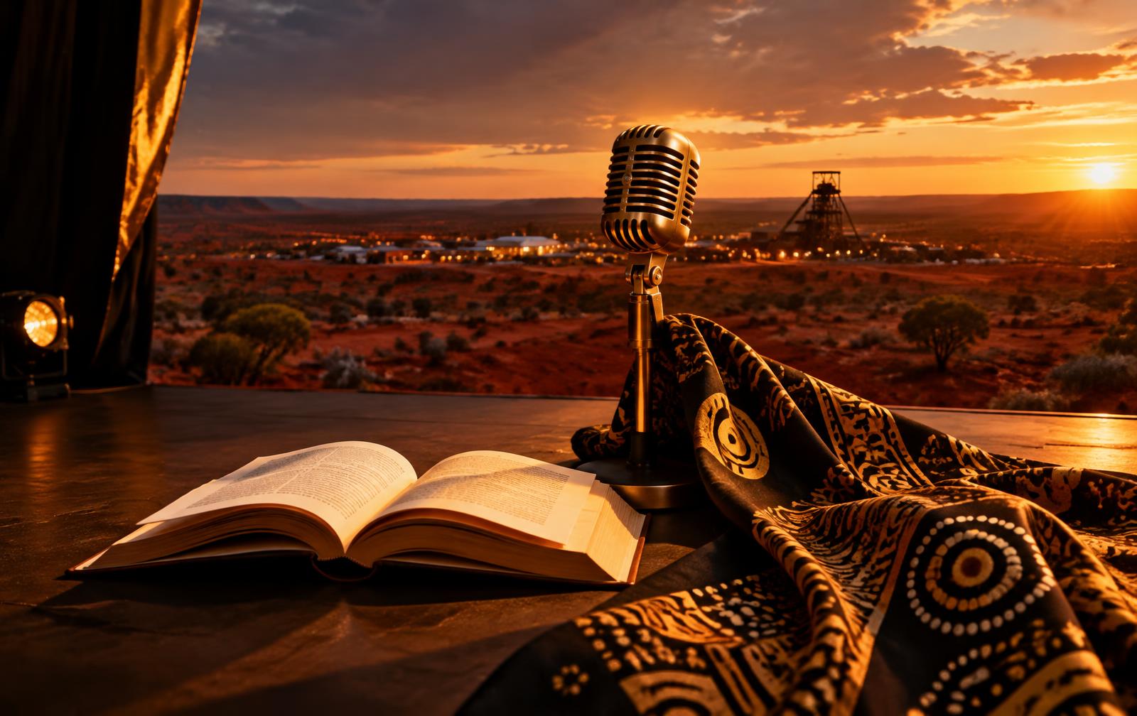 An open book, gold microphone and patterned fabric on a stage overlooking the Goldfields at sunset
